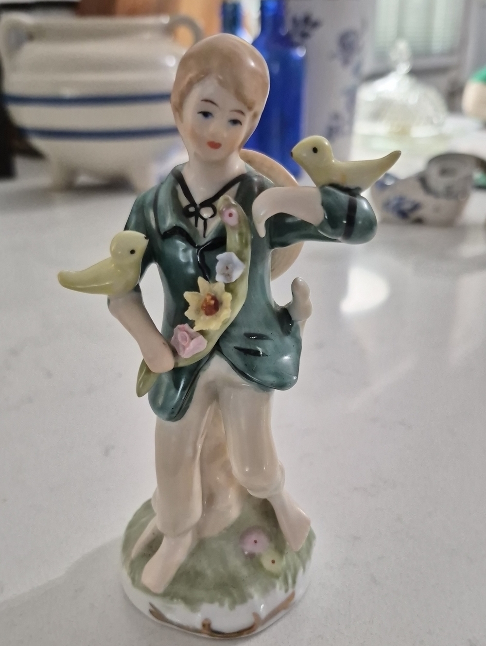 Vintage Porcelain Figurine of Young Person with Birds - Green and Cream